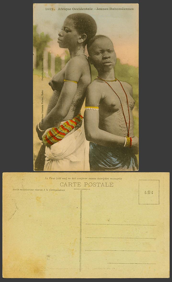 Dahomey Old Hand Tinted Postcard Jeune Dahomeenne Dahomean Girls w Scarification