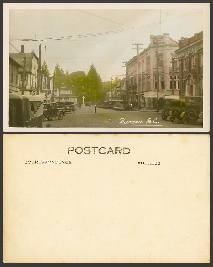Canada Old Tinted RP Postcard Duncan B.C. Street Scene, Vintage Motor Cars Cross