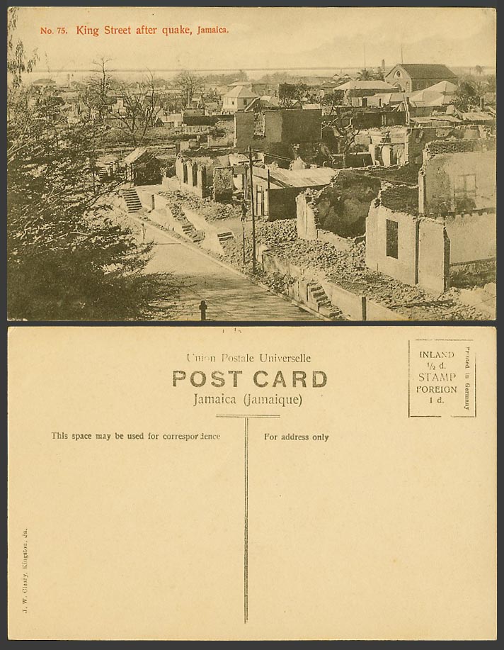 Jamaica Old Postcard King Street Scene after Quake, Earthquake Ruins, Disasters