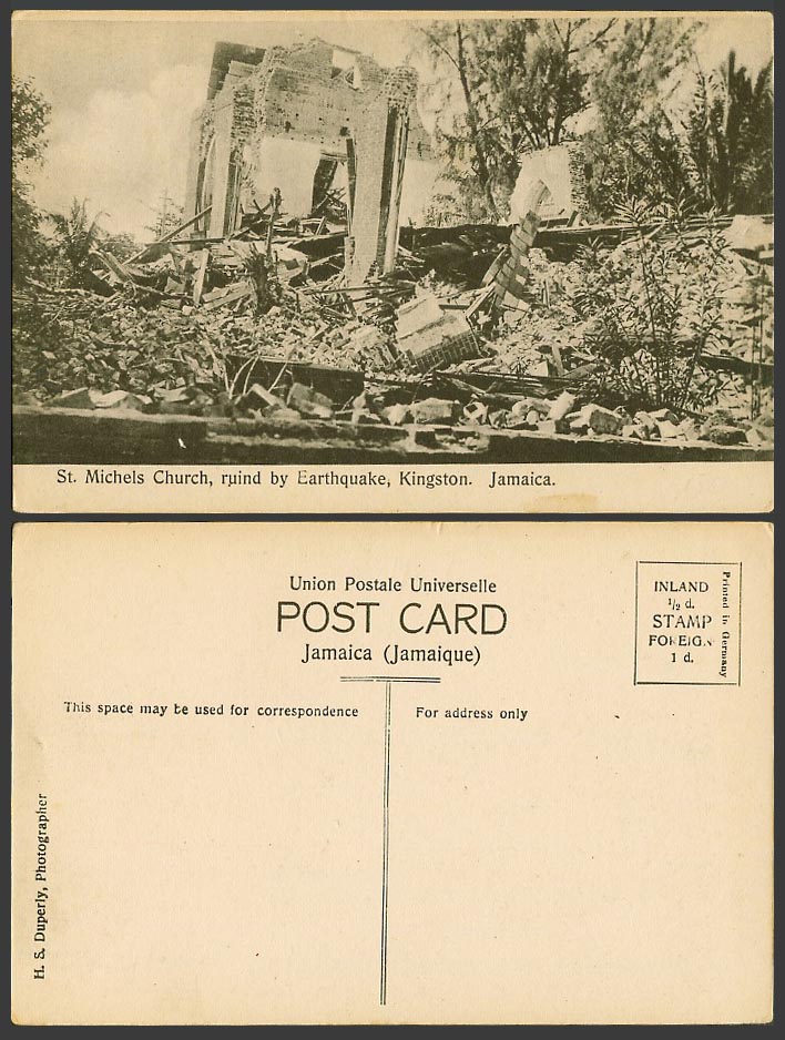 Jamaica Old Postcard St. Michels Church Ruined by Earthquake, Kingston Disasters