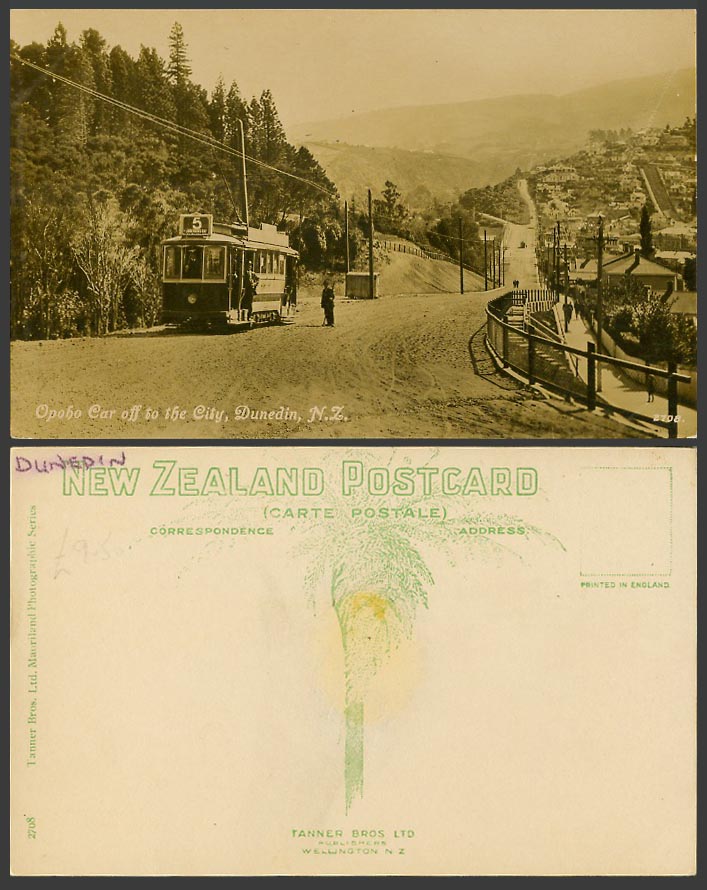 New Zealand Old Real Photo Postcard Dunedin Opoho Car off to City TRAM 5, Street