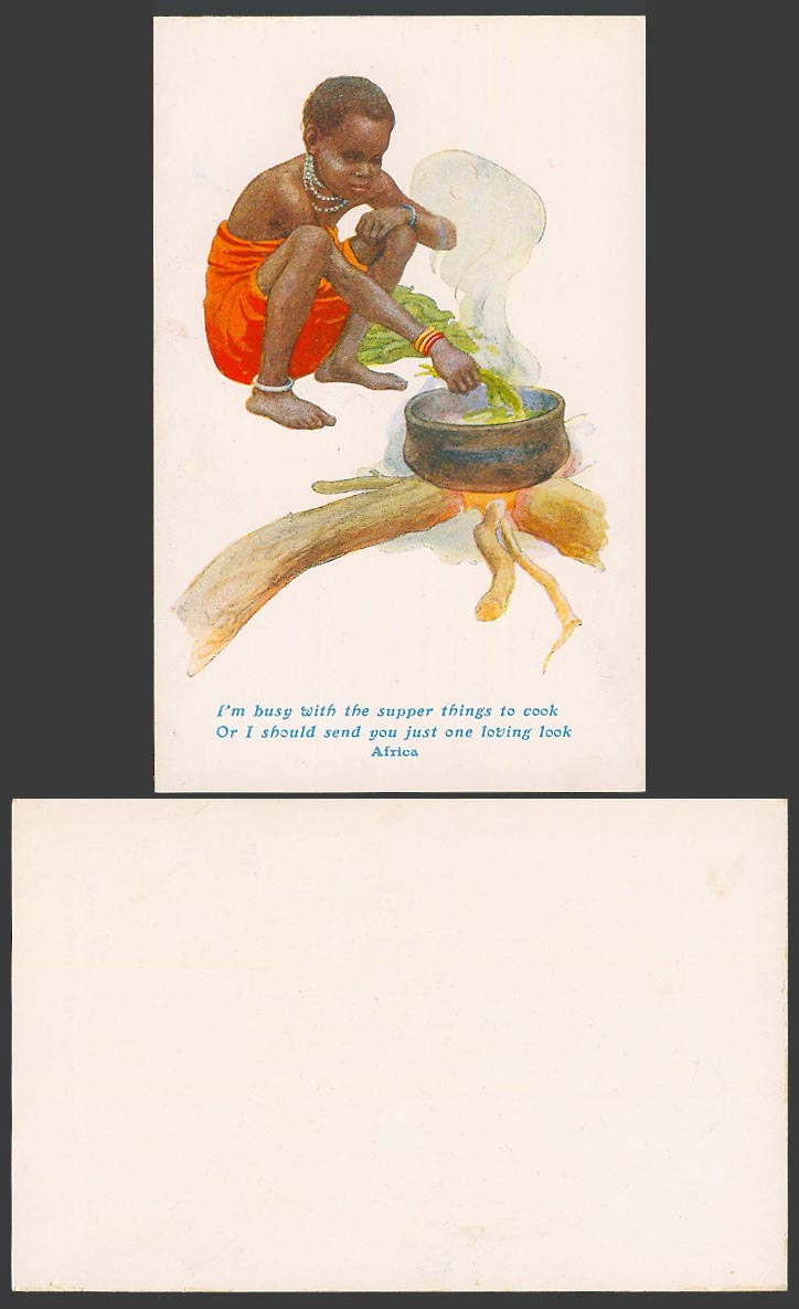 Africa Old Postcard African Black Girl Cooking - busy with Supper Things to Cook