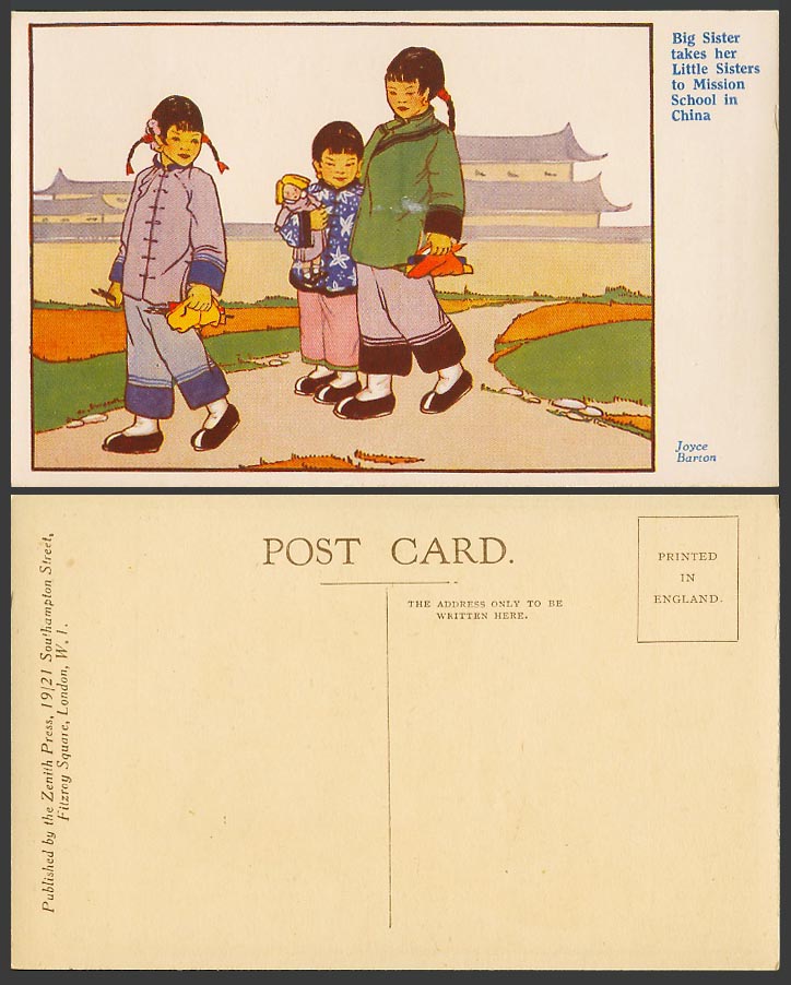 China Old Postcard Big Sister Takes Her Little Sisters to School by Joyce Barton