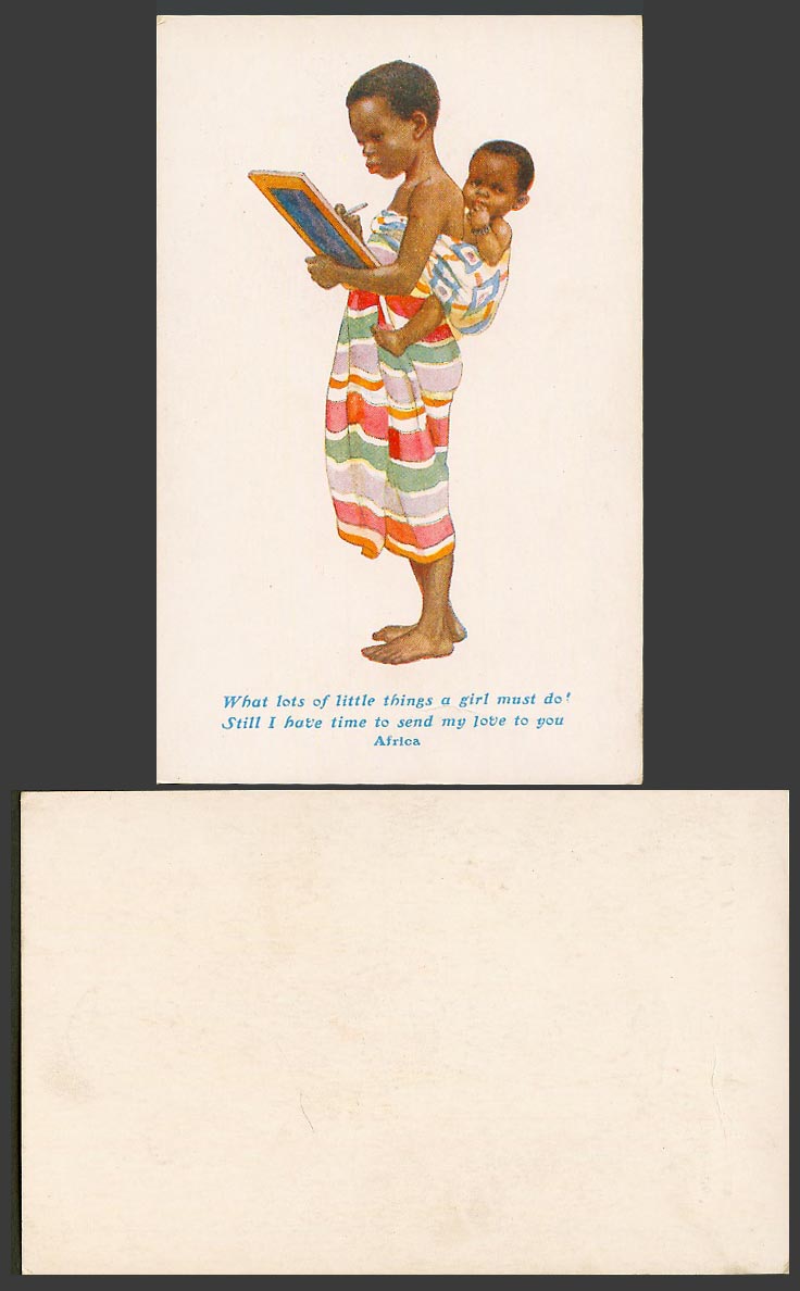 Africa Old Postcard African Black Children Girl Carrying Baby on back, Send Love