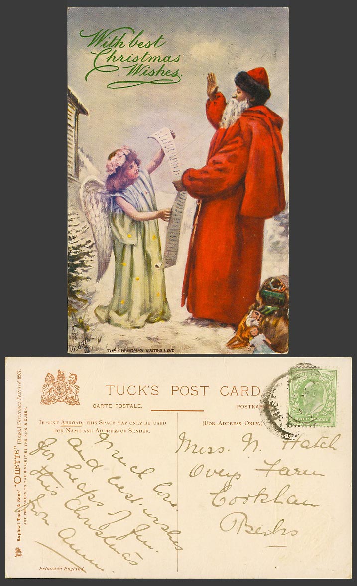 SANTA CLAUS Father Christmas, Little Girl Angel w. Best Xmas Wishes Old Postcard