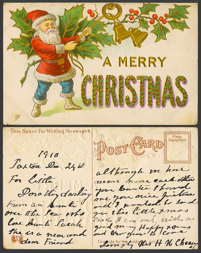 Santa Claus Father Christmas A Merry Xmas, Bells and Holly Old Embossed Postcard
