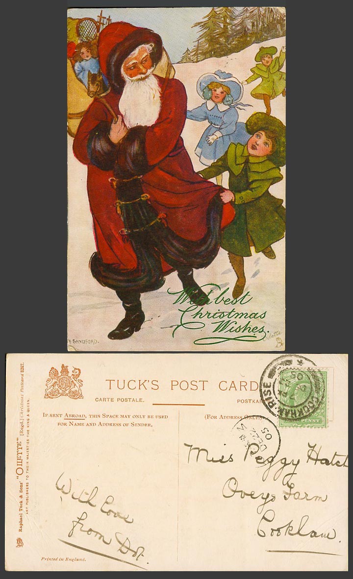 Santa Claus Father Christmas Wishes, Girls 1905 Old Postcard Tuck's Oilette 8247