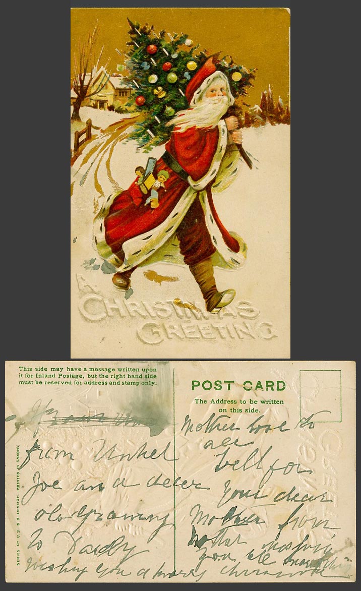 Santa Claus Father Christmas Carrying Xmas Tree, Greetings Old Embossed Postcard