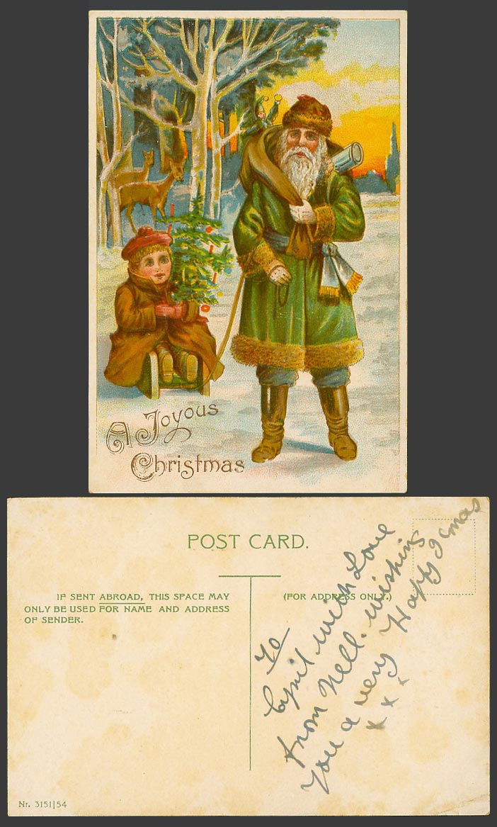 Santa Claus Father Christmas Old Postcard A Joyous Xmas Deer Child on Sledge ART