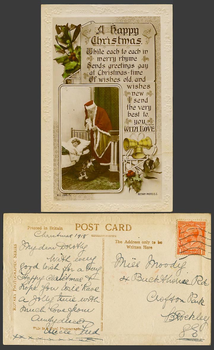 Santa Claus Father Christmas 1918 Old Postcard Child Sleeps on Bed, A Happy Xmas