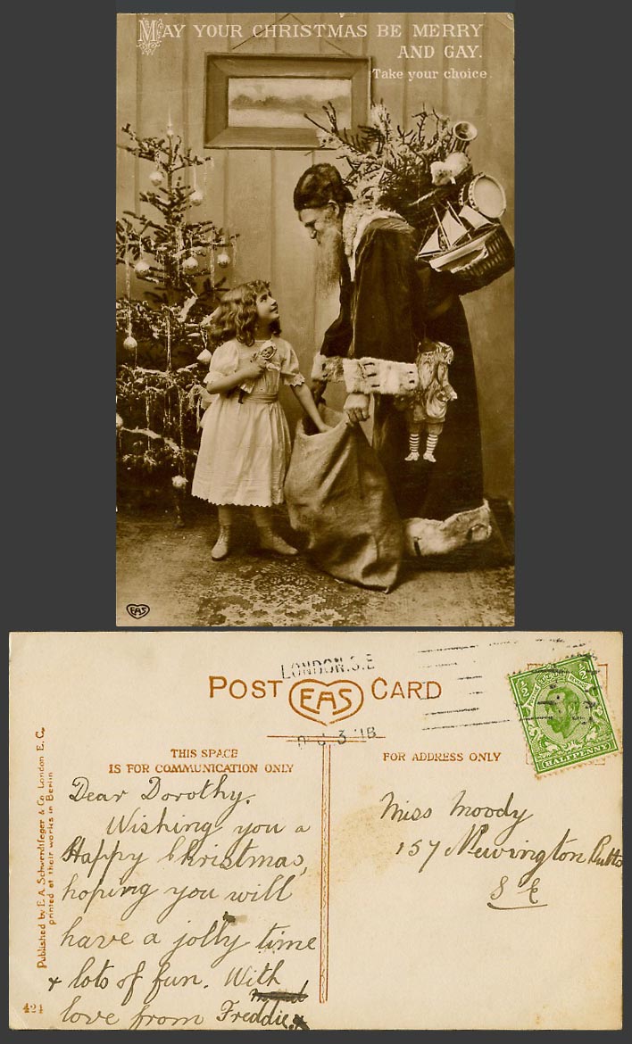 Santa Claus Father Christmas Girl 1913 Old Postcard May Your Xmas Be Merry & Gay