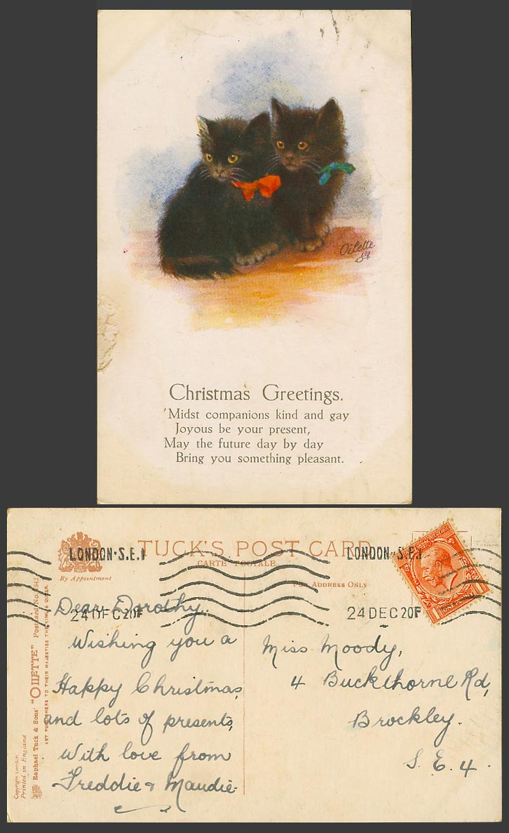 2 Black Cats Kittens Christmas Greetings 1920 Old Tuck's Oilette Postcard Kitten