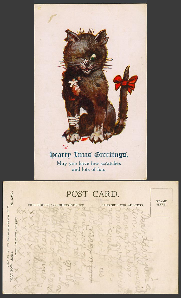 Black Cat Kitten, Hearty Xmas Greetings, Cat-Bow, Scratches and Fun Old Postcard