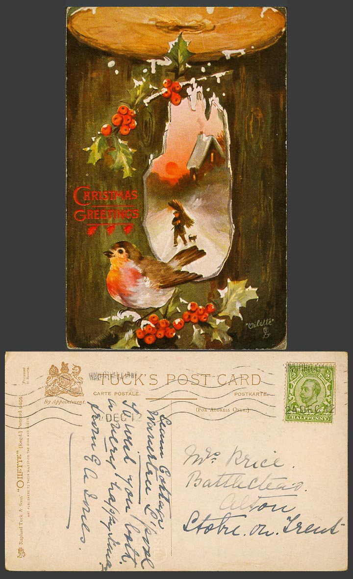 Robin Bird, Christmas Greetings, Holly, Sunset 1912 Old Tuck's Oilette Postcard