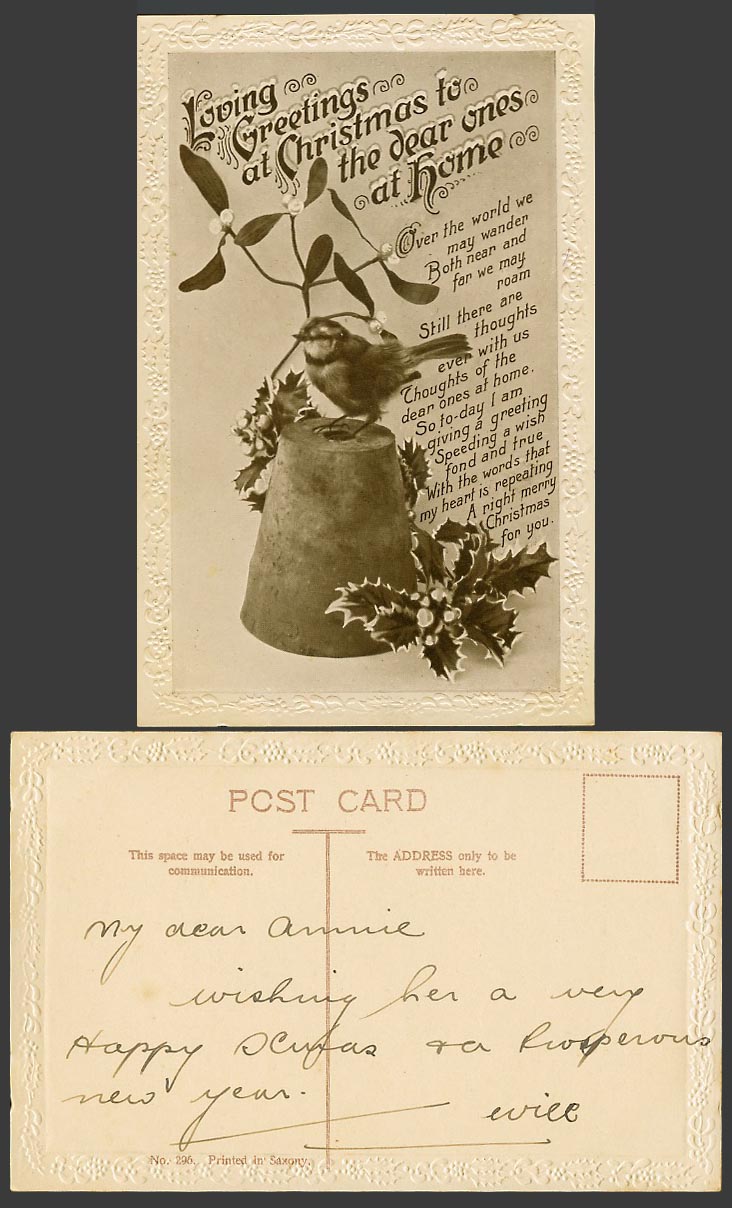 Bird Mistletoe Holly Loving Greeting at Christmas Dear Ones at Home Old Postcard