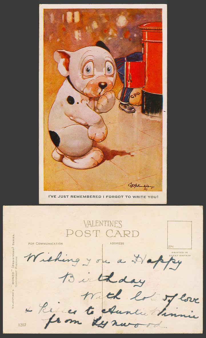 BONZO DOG GE Studdy Old Postcard Remembered I Forgot to Write U GPO Postman 1207