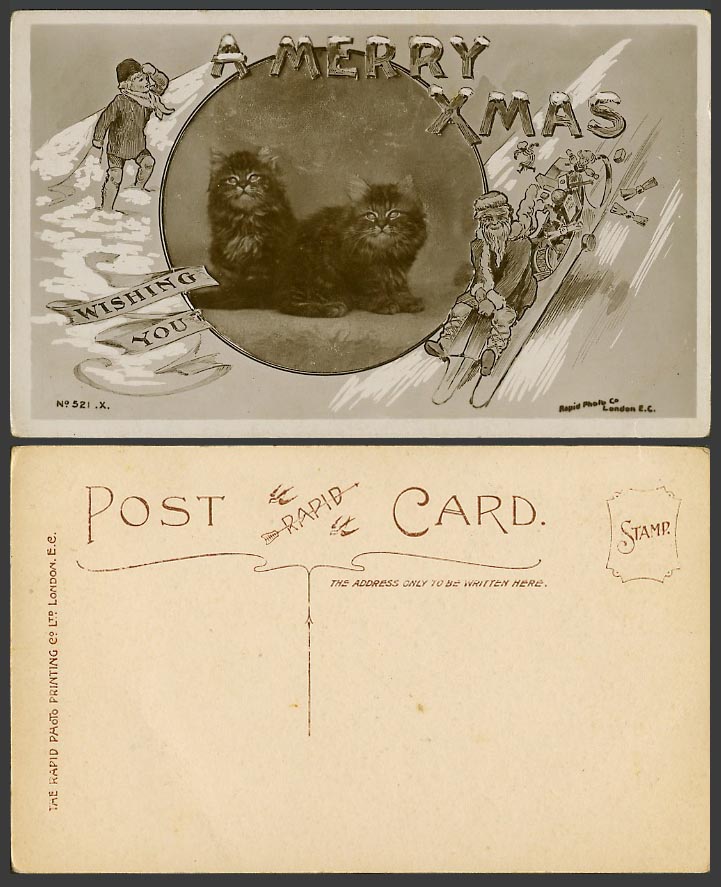 Cats Kittens Sledding Sledging, Wishing You A Merry Xmas Old Postcard Cat Kitten