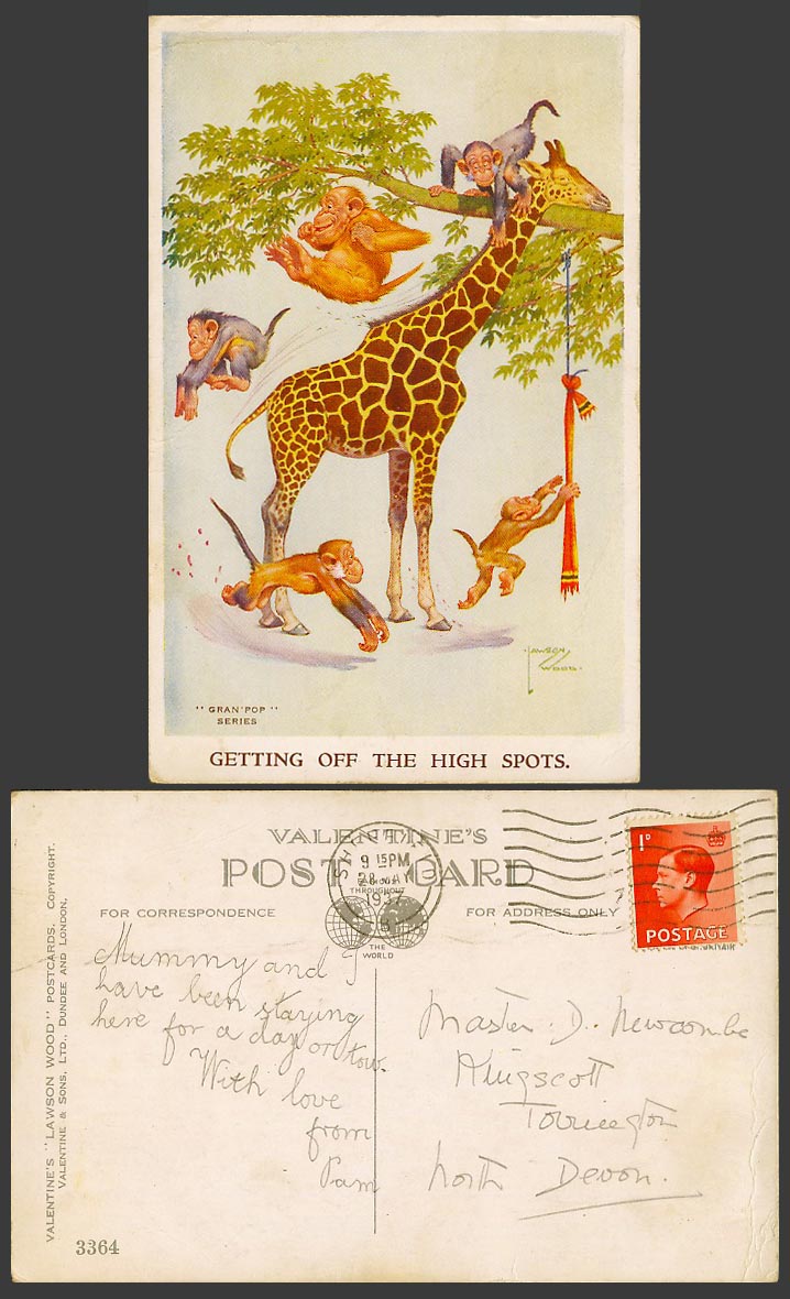 Lawson Wood 1937 Old Postcard Giraffe, Chimpanzees Monkey Getting Off High Spots