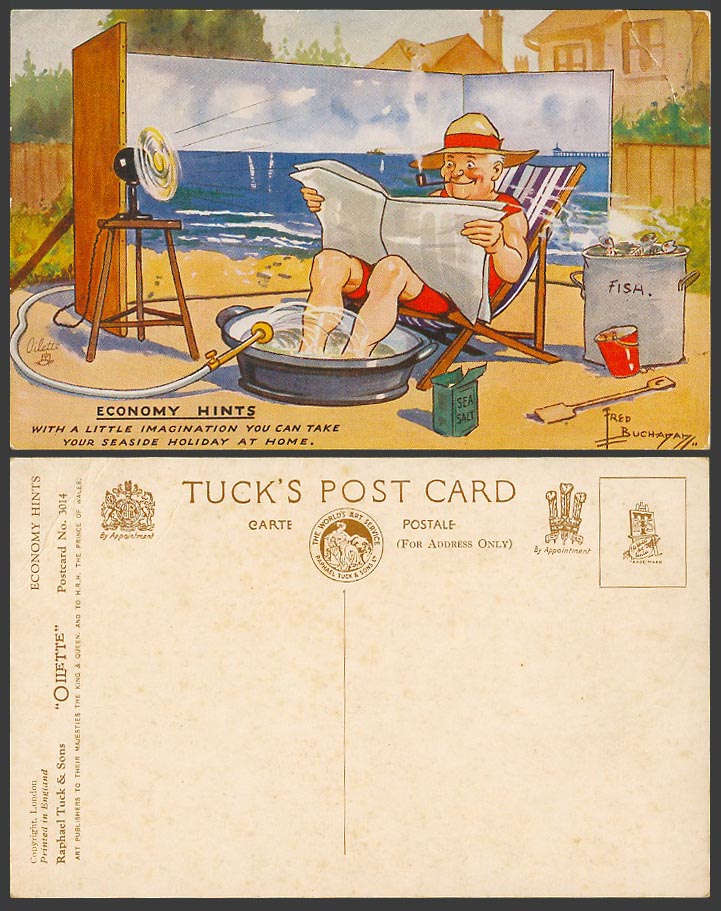 Fred Buchanan Old Tuck's Oilette Postcard Economy Hints, Seaside Holiday at Home