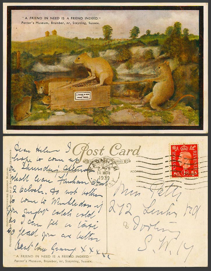 Potter's Museum, A Friend in Need is a Friend Indeed Rats Mice 1939 Old Postcard