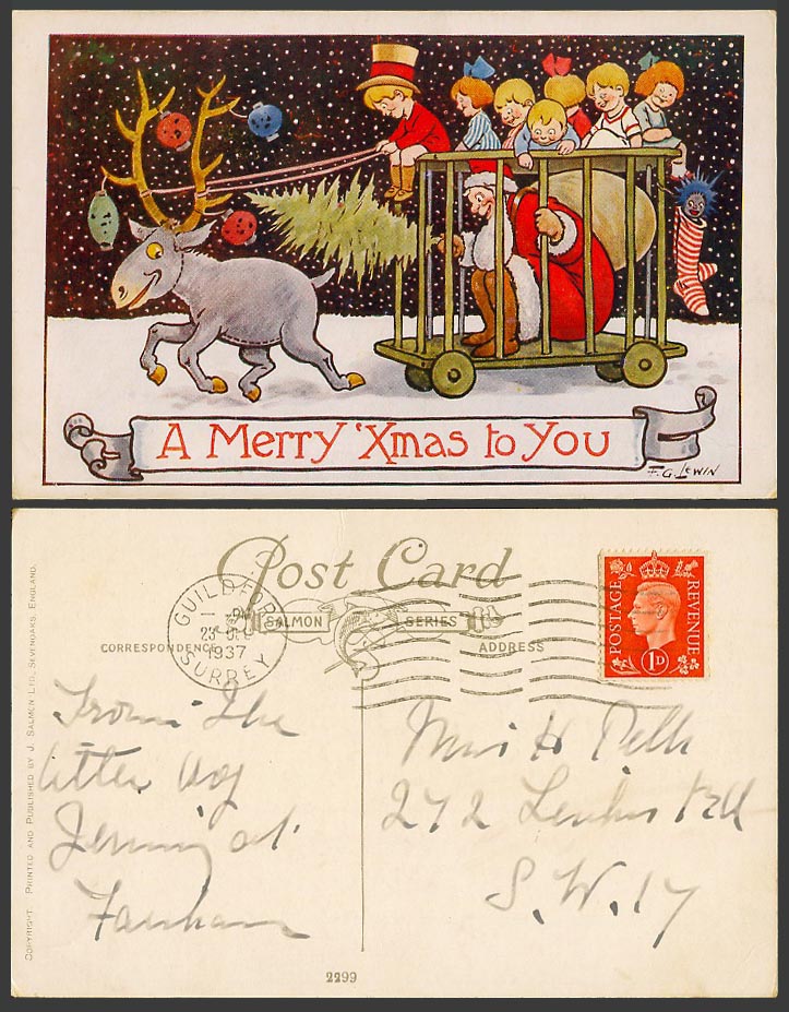 FG Lewin 1937 Old Postcard Santa Claus Father Christmas Reindeer Cart Doll Sock