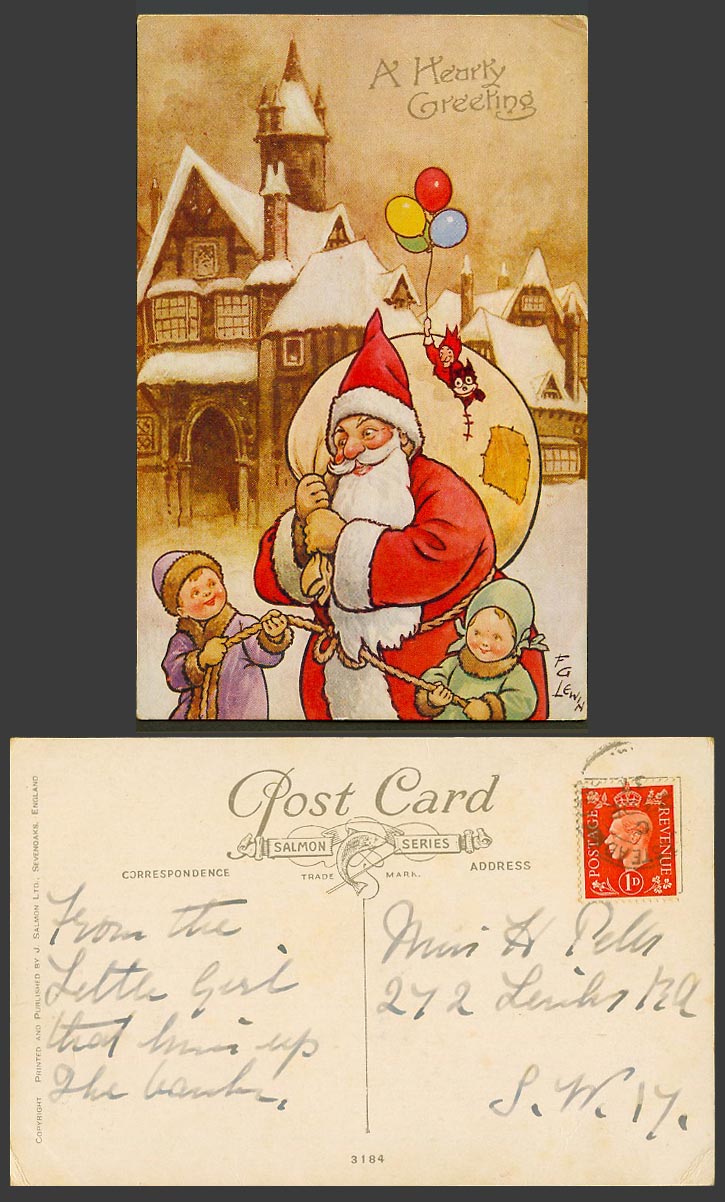 FG Lewin 1937 Old Postcard Santa Claus Father Christmas Balloon Hearty Greetings