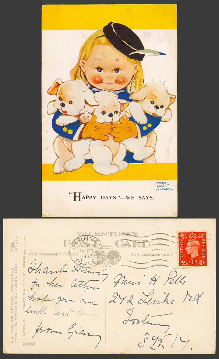 MABEL LUCIE ATTWELL 1937 Old Postcard Happy Days We Says, Girl Dogs Puppies 3695