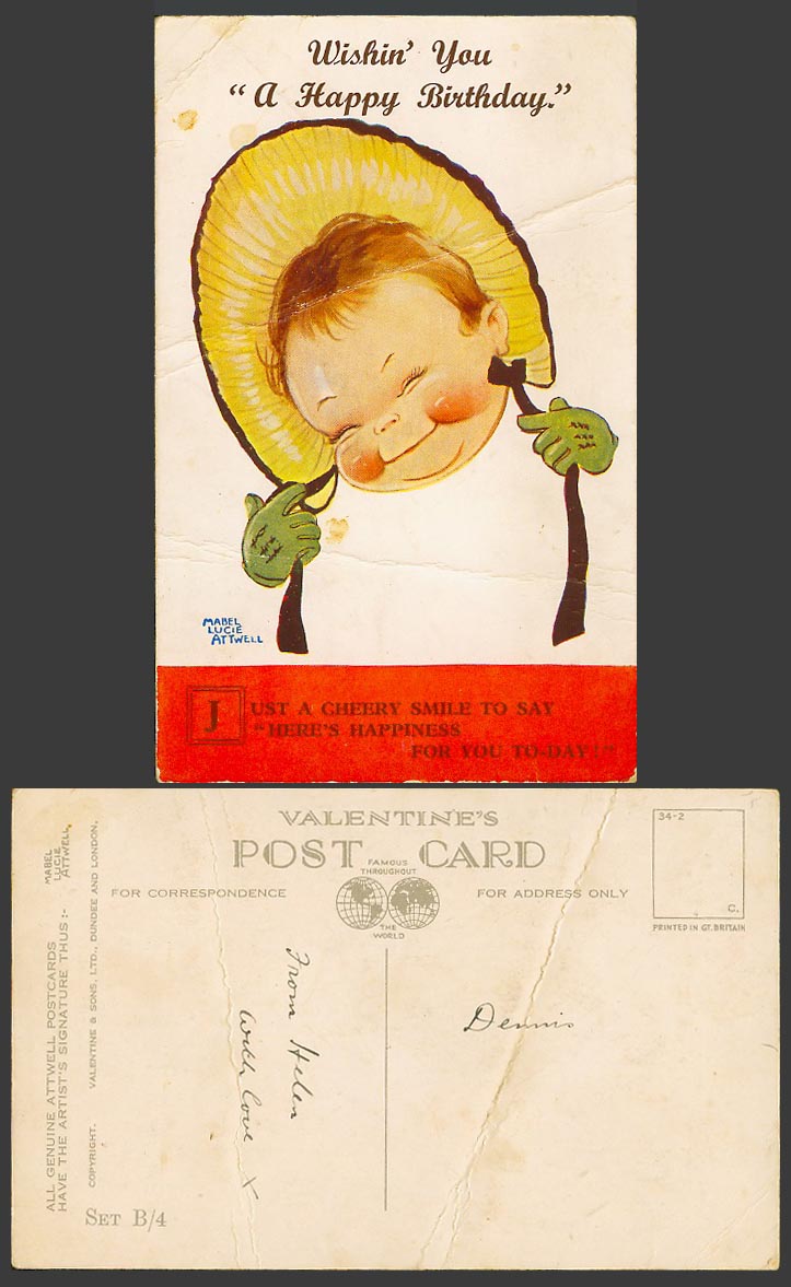 MABEL LUCIE ATTWELL Old Postcard Wish You a Happy Birthday. Cheery Smile Set B/4