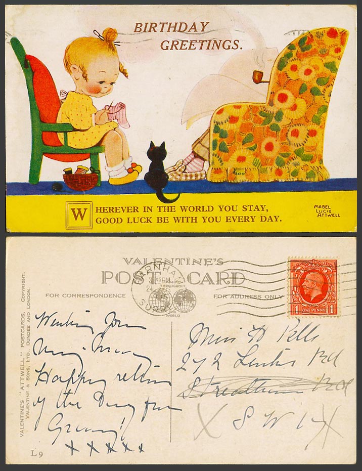 MABEL LUCIE ATTWELL 1936 Old Postcard Wherever, Good Luck with You! Black Cat L9