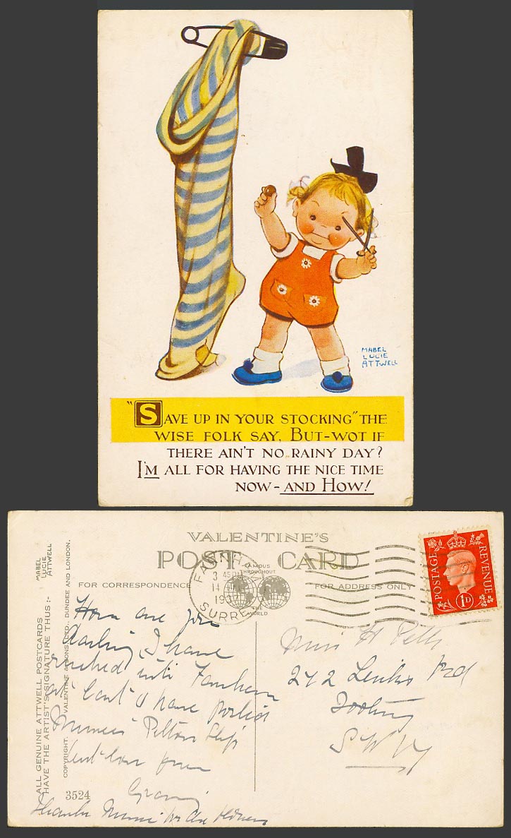 MABEL LUCIE ATTWELL 1937 Old Postcard Save Up in Your Stocking No Rainy Day 3524