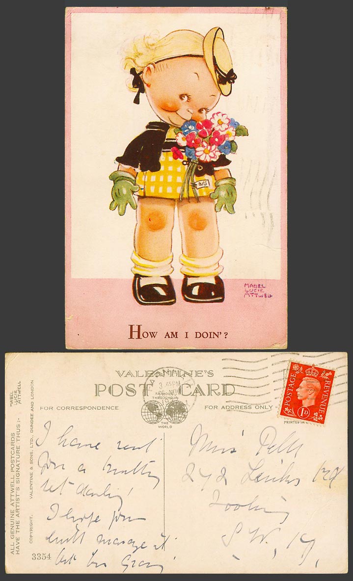 MABEL LUCIE ATTWELL 1937 Old Postcard How Am I Doing? Hat, Gloves & Flowers 3354