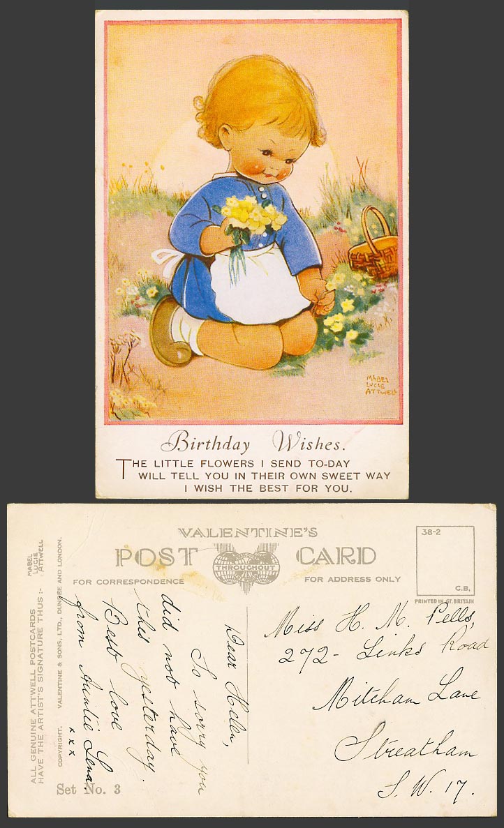 MABEL LUCIE ATTWELL Old Postcard Birthday Wishes Girl Gathering Flowers Set No.3