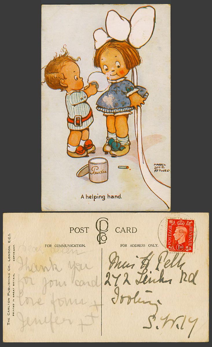 MABEL LUCIE ATTWELL 1937 Old Postcard A Helping Hand, Girls applying Powder Puff