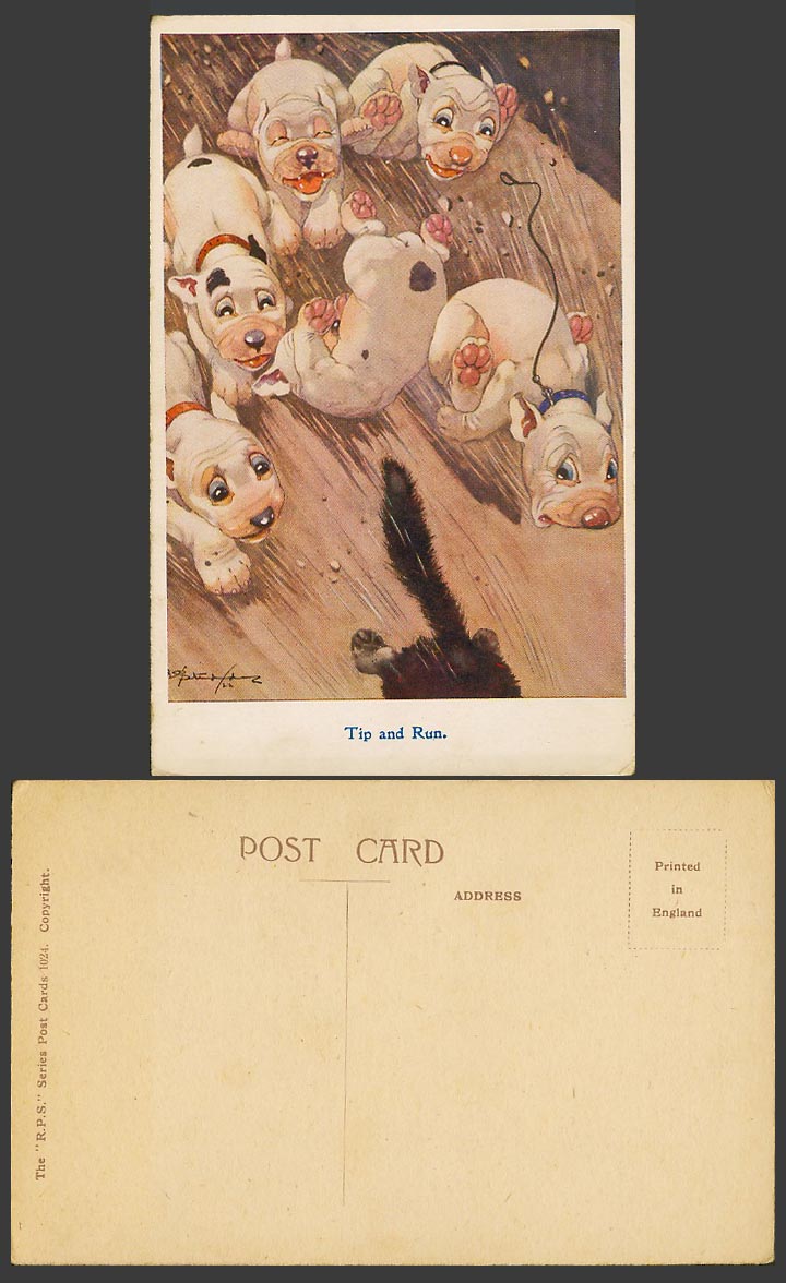 BONZO DOG GE Studdy Artist Signed Old Postcard TIP and RUN Dogs Puppies No. 1024