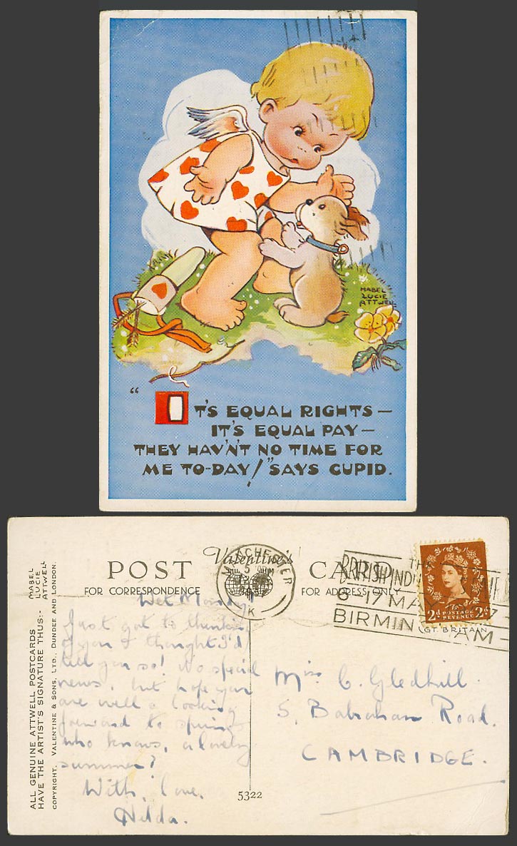 MABEL LUCIE ATTWELL 1957 Old Postcard Equal Rights & Pay, No Time For Cupid 5322