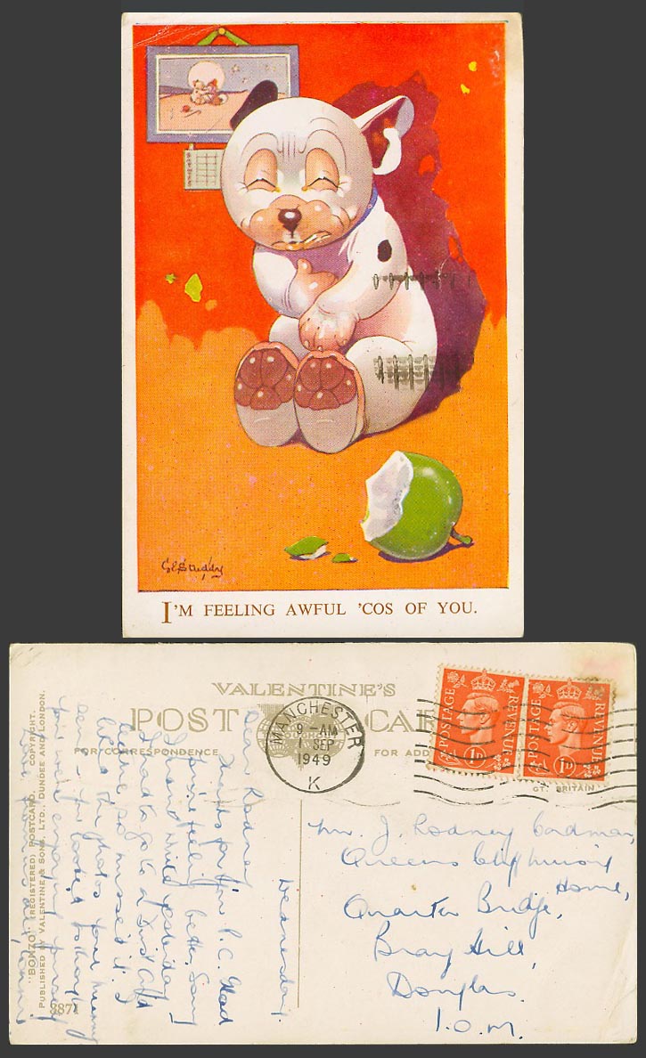 BONZO DOG GE Studdy 1949 Old Postcard I'm Feeling Awful 'Cos Of You G Apple 3871