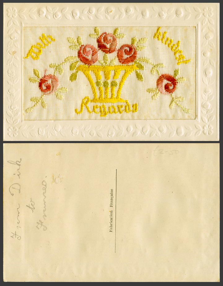 WW1 SILK Embroidered Old Postcard With Kindest Regards Flowers Novelty Greetings