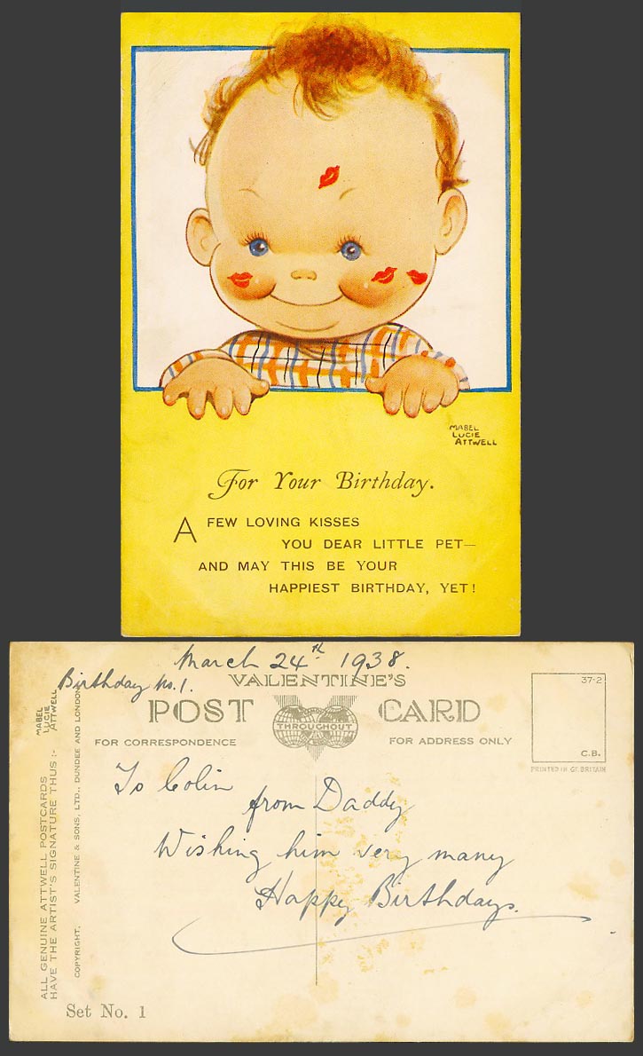 MABEL LUCIE ATTWELL 1938 Old Postcard Birthday Loving Kisses Lipsticks Set No. 1