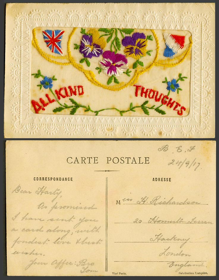 WW1 SILK Embroidered 1917 Old Postcard All Kind Thoughts, Pansy Flowers, Wallet