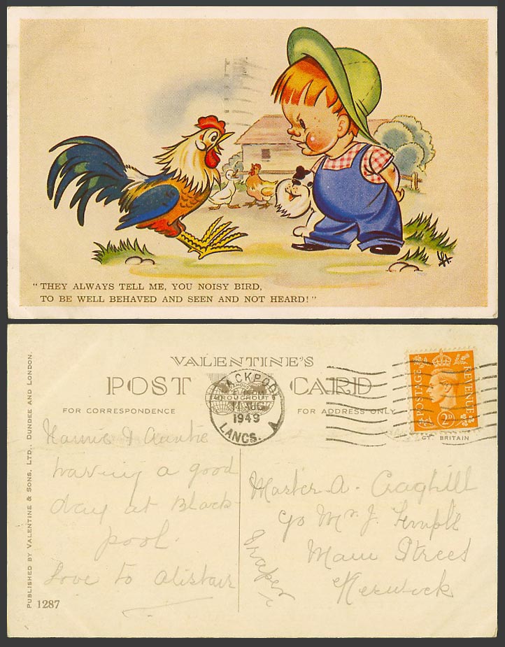 Rooster Chicken Dog Boy Noisy Bird Well Behaved Seen Not Heard 1949 Old Postcard