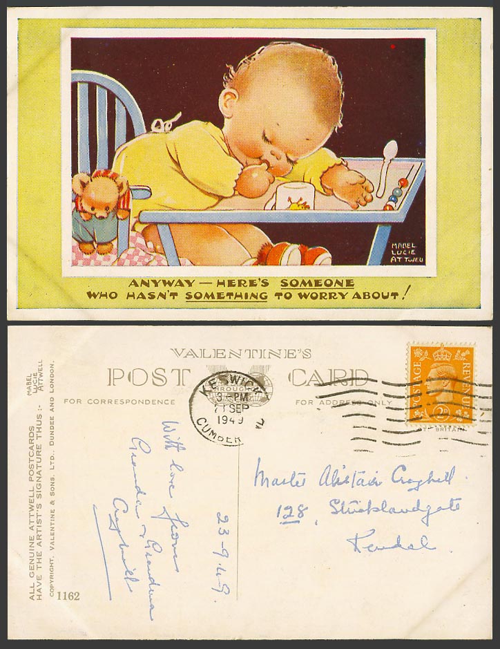 MABEL LUCIE ATTWELL 1949 Old Postcard Teddy Bear Baby Sucking Thumb, Asleep 1162
