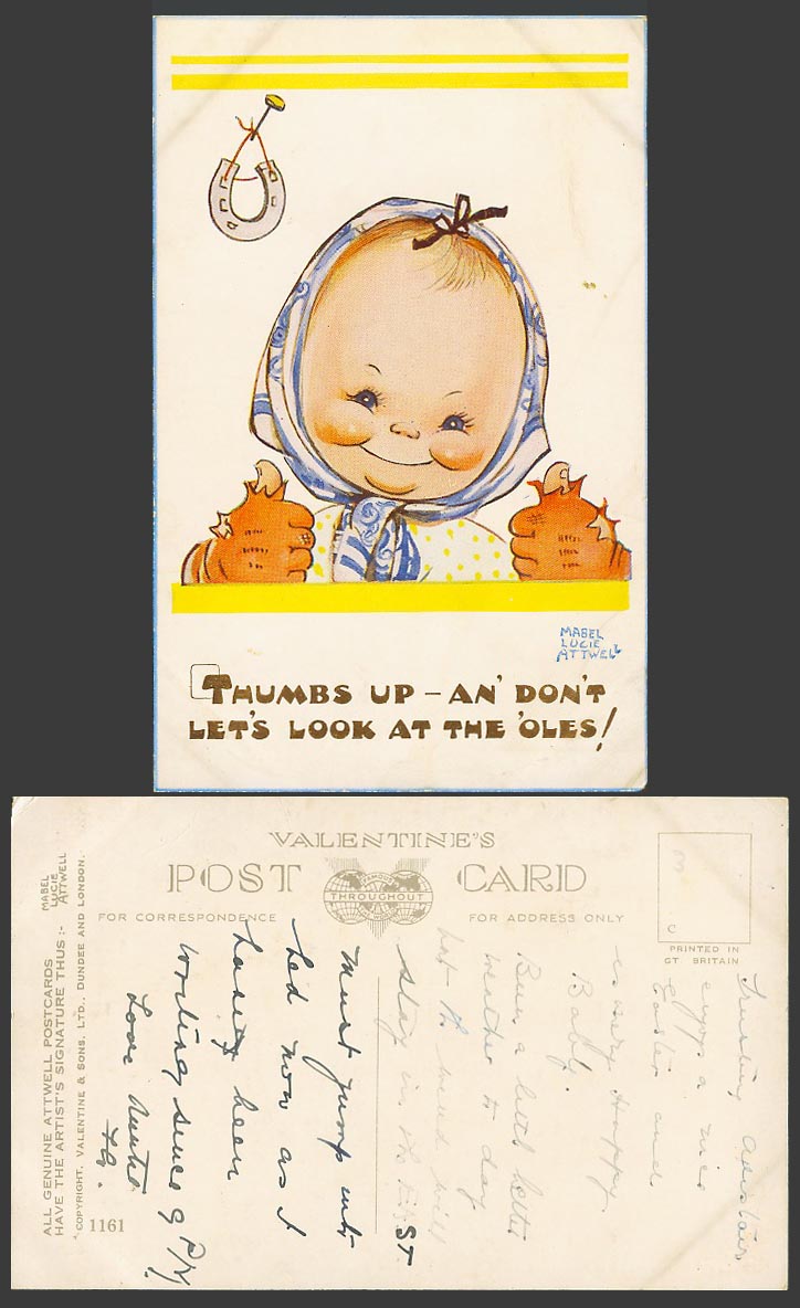 MABEL LUCIE ATTWELL Old Postcard Thumbs Up Don't Look at The Oles Horseshoe 1161