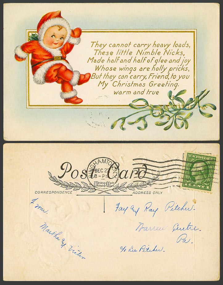 Santa Claus Father Christmas, Nimble Nicks Mistletoe Greetings 1915 Old Postcard