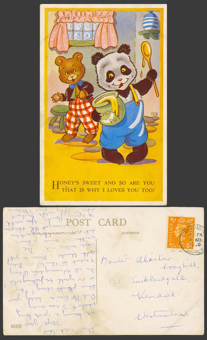 Chinese Giant Panda Honey Pot Brown Bear U R Sweet I Loves You 1950 Old Postcard