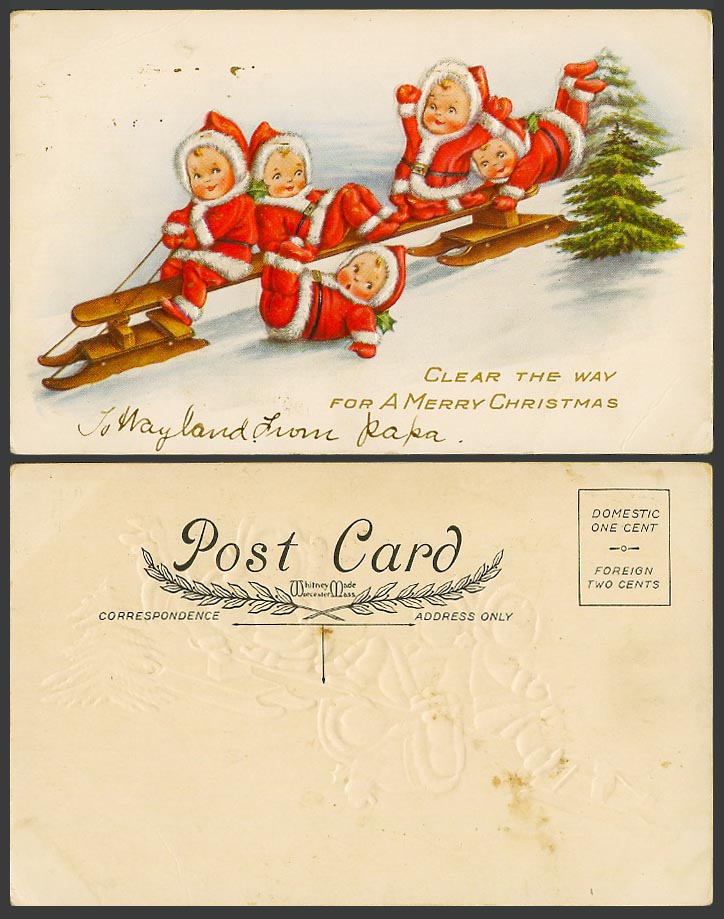 Santa Claus Father Christmas Sledding, Clear The Way For Merry Xmas Old Postcard