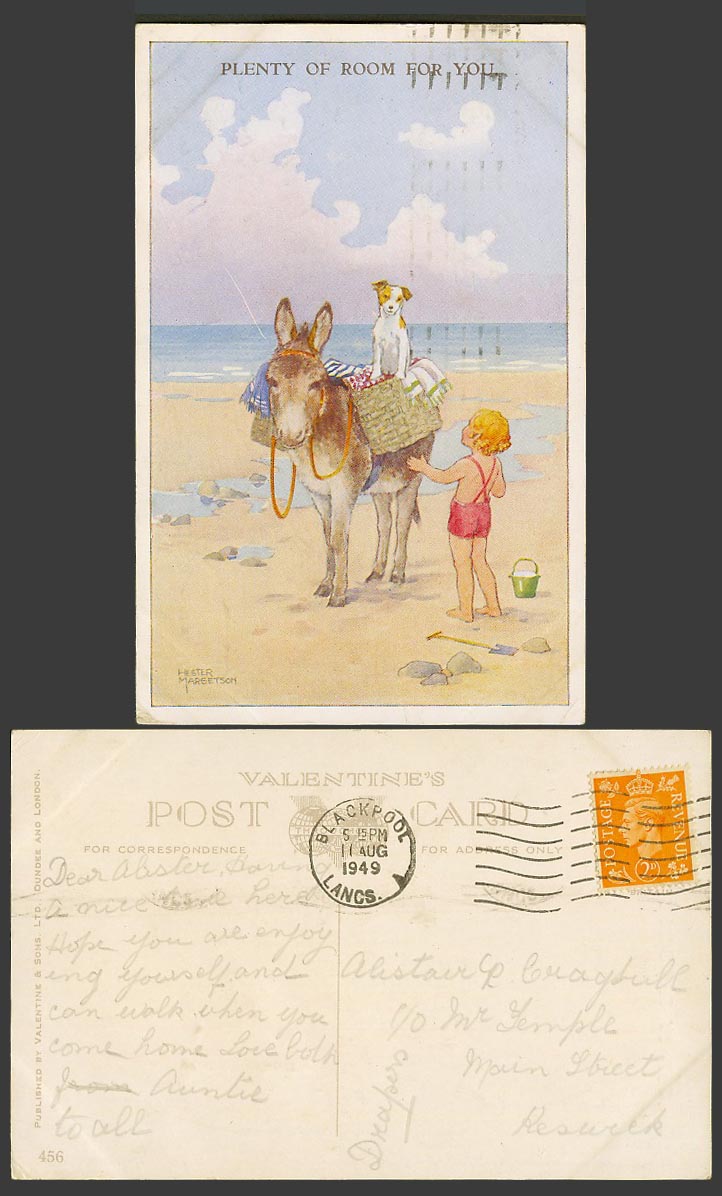 Hester Margetson 1949 Old Postcard Plenty of Room For You - Puppy Dog On Donkey