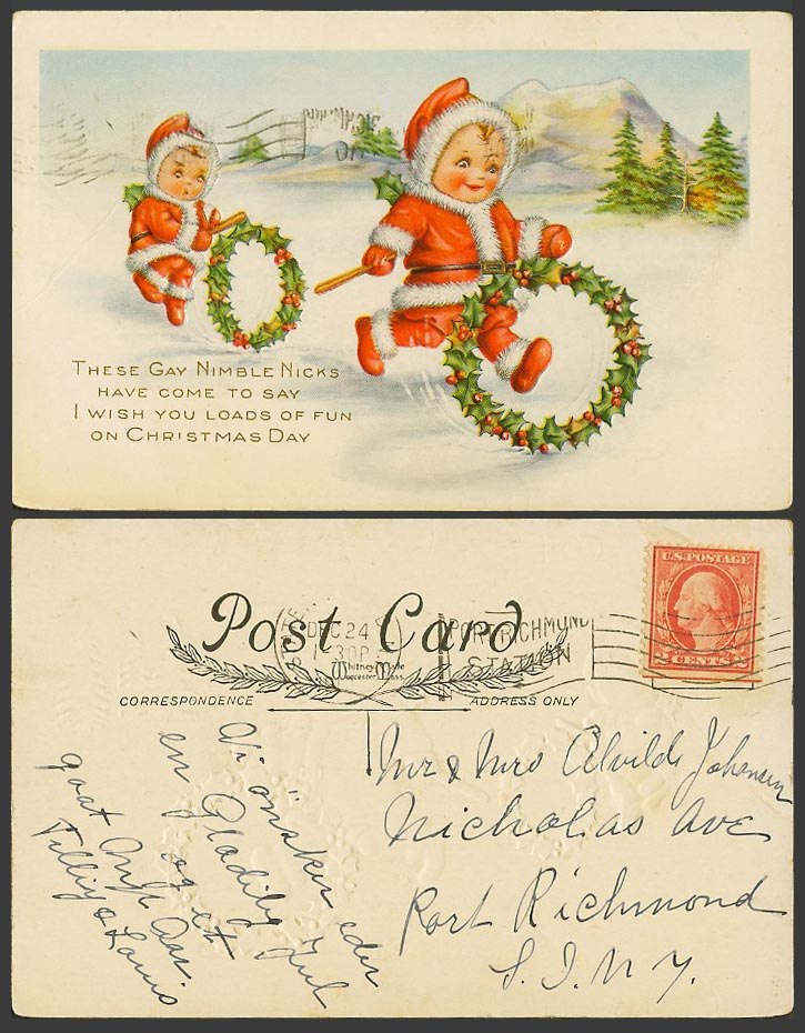 Santa Claus, Father Christmas, Gay Nimble Nicks, Holly Wreaths 1912 Old Postcard