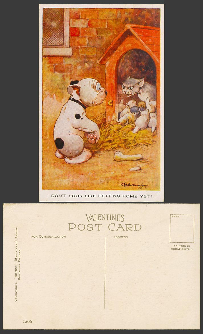 BONZO DOG G.E. Studdy Old Postcard I Don't Look Like Getting Home Yet! Cats 1206