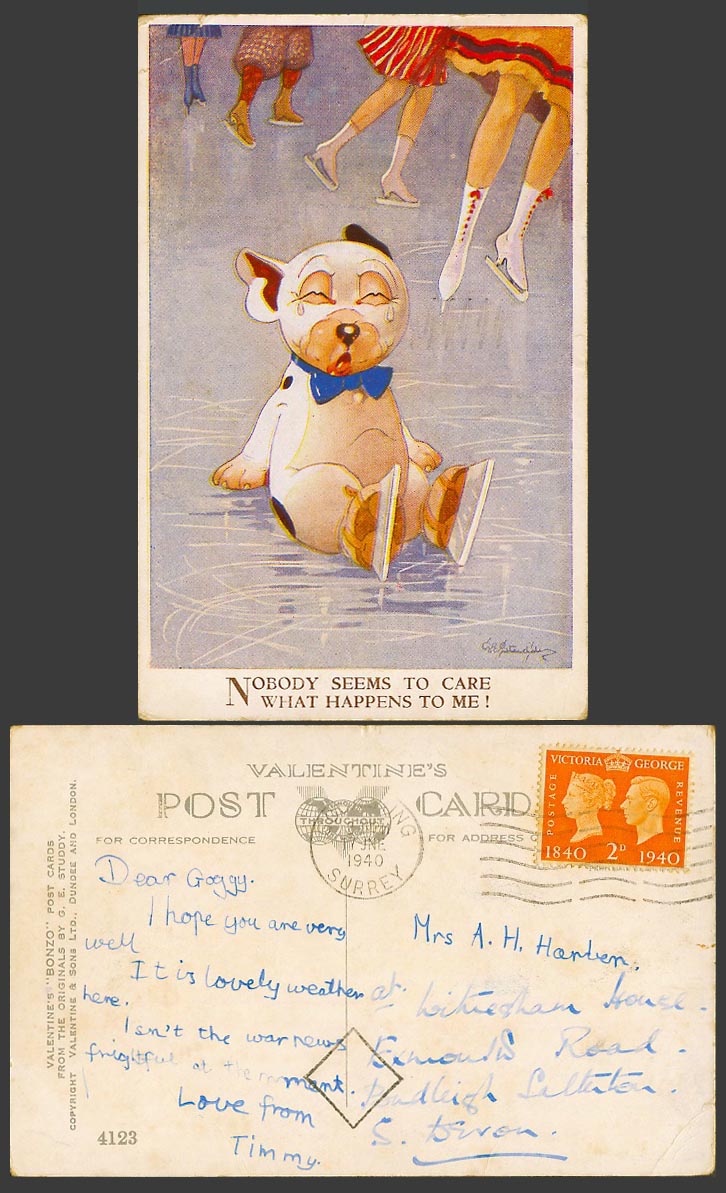 BONZO DOG GE Studdy 1940 Old Postcard Nobody Care What Happens, Ice Skating 4123