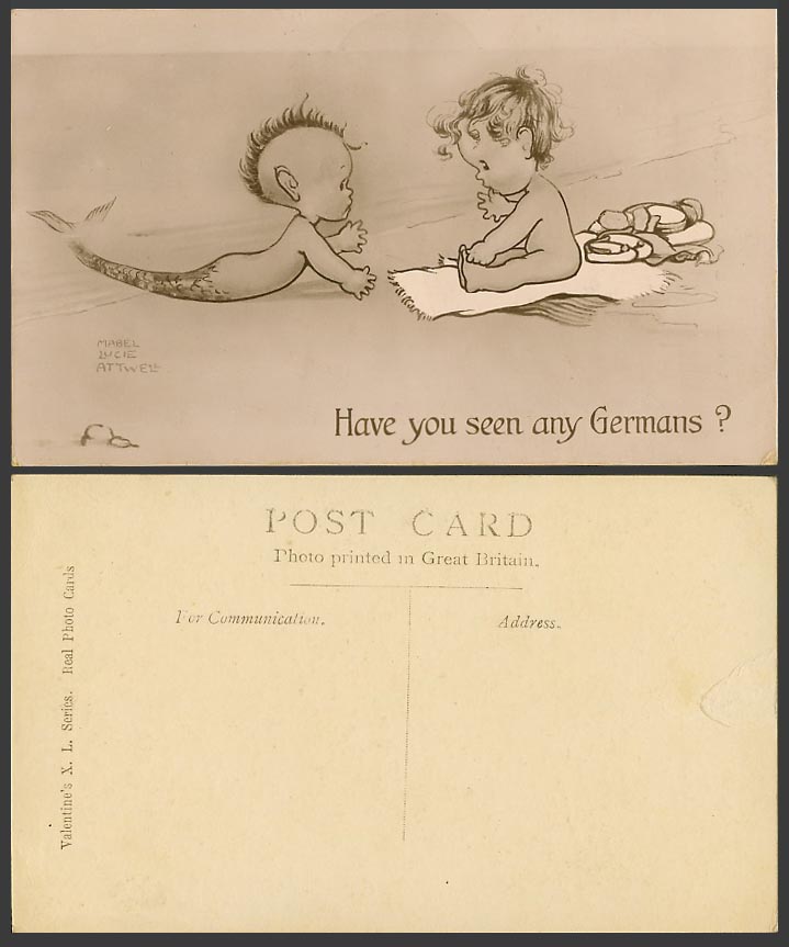MABEL LUCIE ATTWELL Old Postcard Have You Seen Any Germans? Mermaid Merbaby Girl
